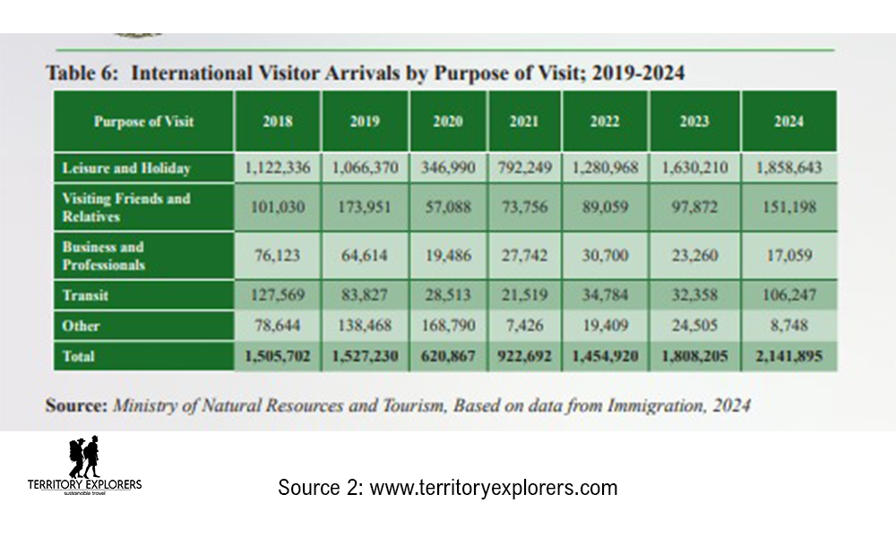 A graph showing Tanzania's International Tourist Arrivals by Purpose of Visit from 2019 to 2024.