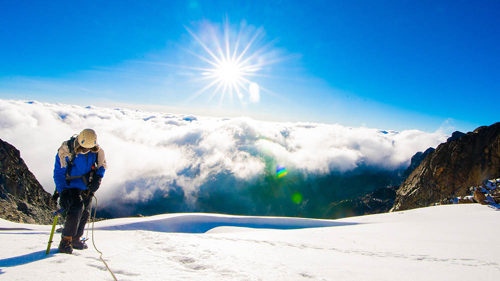 A guest hiking the Rwenzori mountains