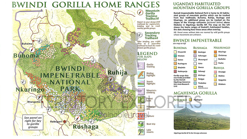 A map showing Bwindi Gorilla Home Ranges and its Sectors.