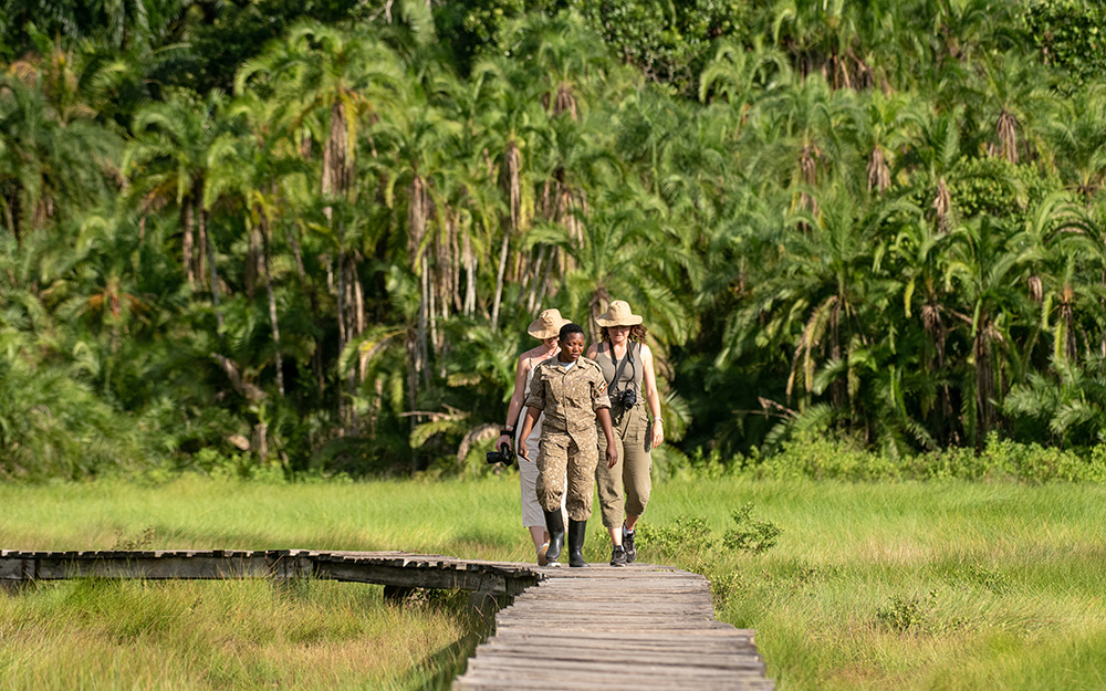 Tourists led by a tour guide on a Semuliki Exploration