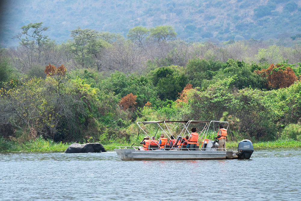 Tourists on a boat cruise on Lake Ihema