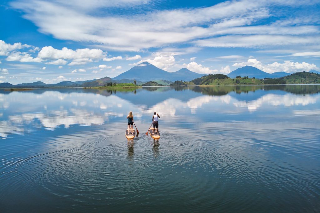 Tourists having an adventure at lake Mutanda